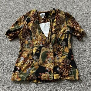 Vintage CB Blouse Womens Petite 14P Multicolor Floral Button Up Short Sleeve Top